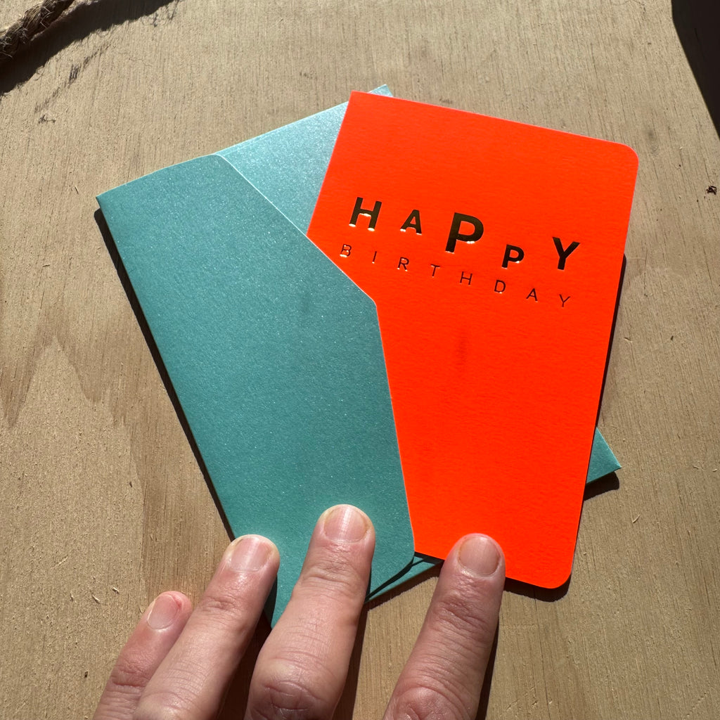 HAPPY BIRTHDAY FLUO ORANGE HOT FOIL + MINT ENVELOPE by Le Typographe