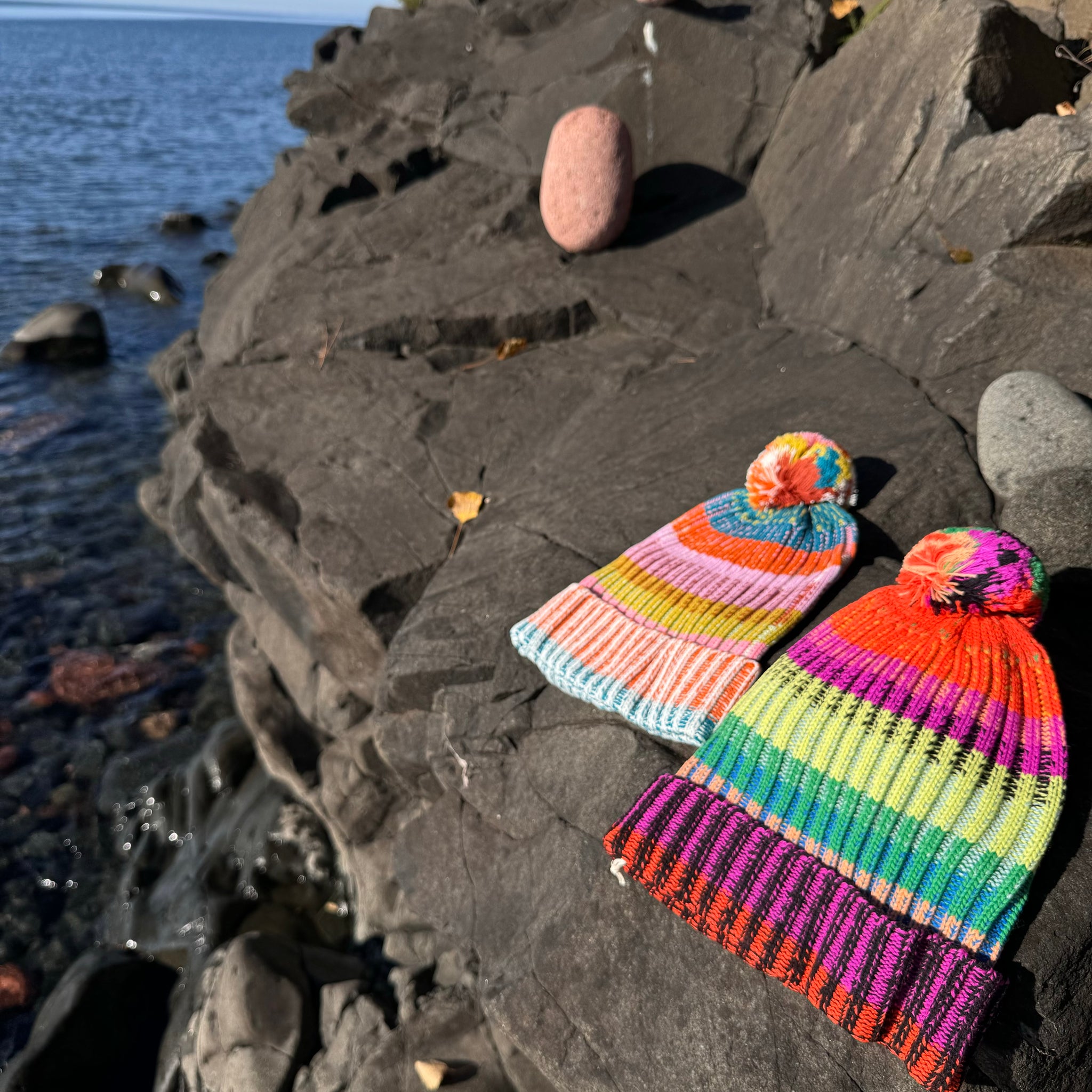 Mosaic Stripe Pom Beanie Hat by Verloop Knits