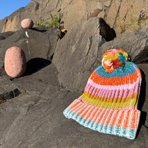 Mosaic Stripe Pom Beanie Hat by Verloop Knits