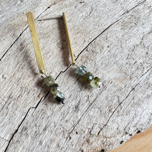 Simple Bar and Green Garnet Stone Stud Earrings by Eric Silva