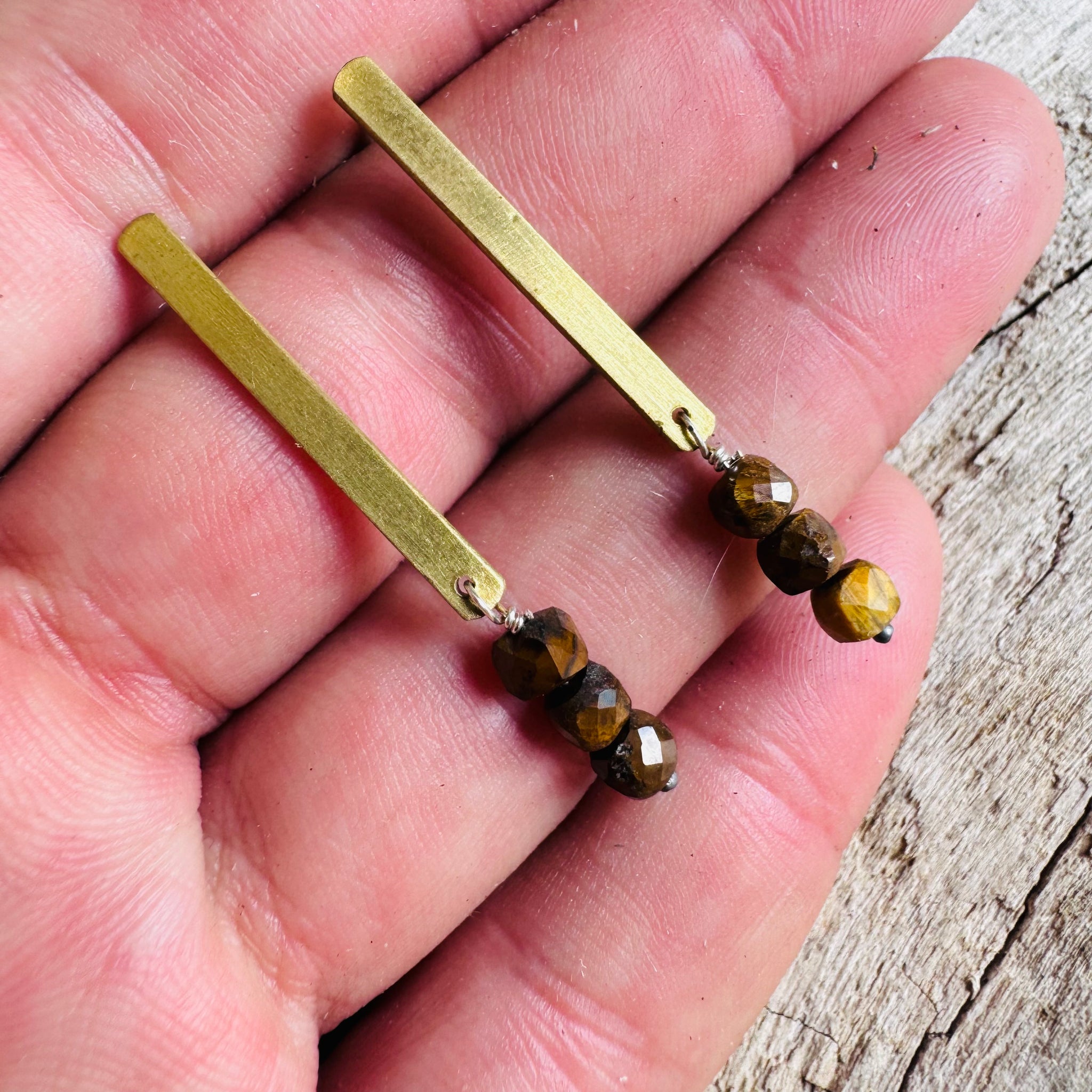 Simple Bar and Tiger's Eye Stone Stud Earrings by Eric Silva