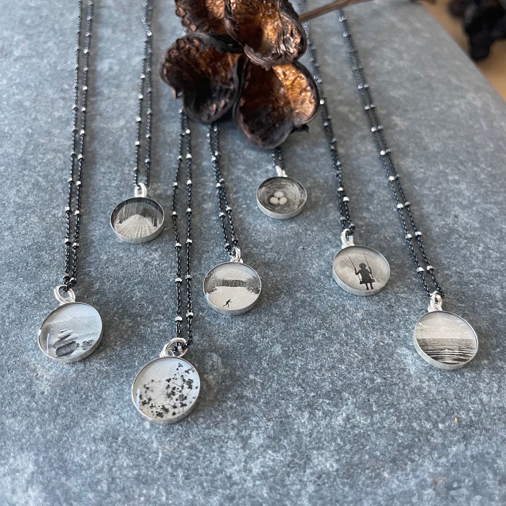 Rock Cairn Photo Bezel Necklace on Oxidized Sterling by Everyday Artifact