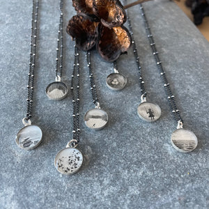 Rock Cairn Photo Bezel Necklace on Oxidized Sterling by Everyday Artifact