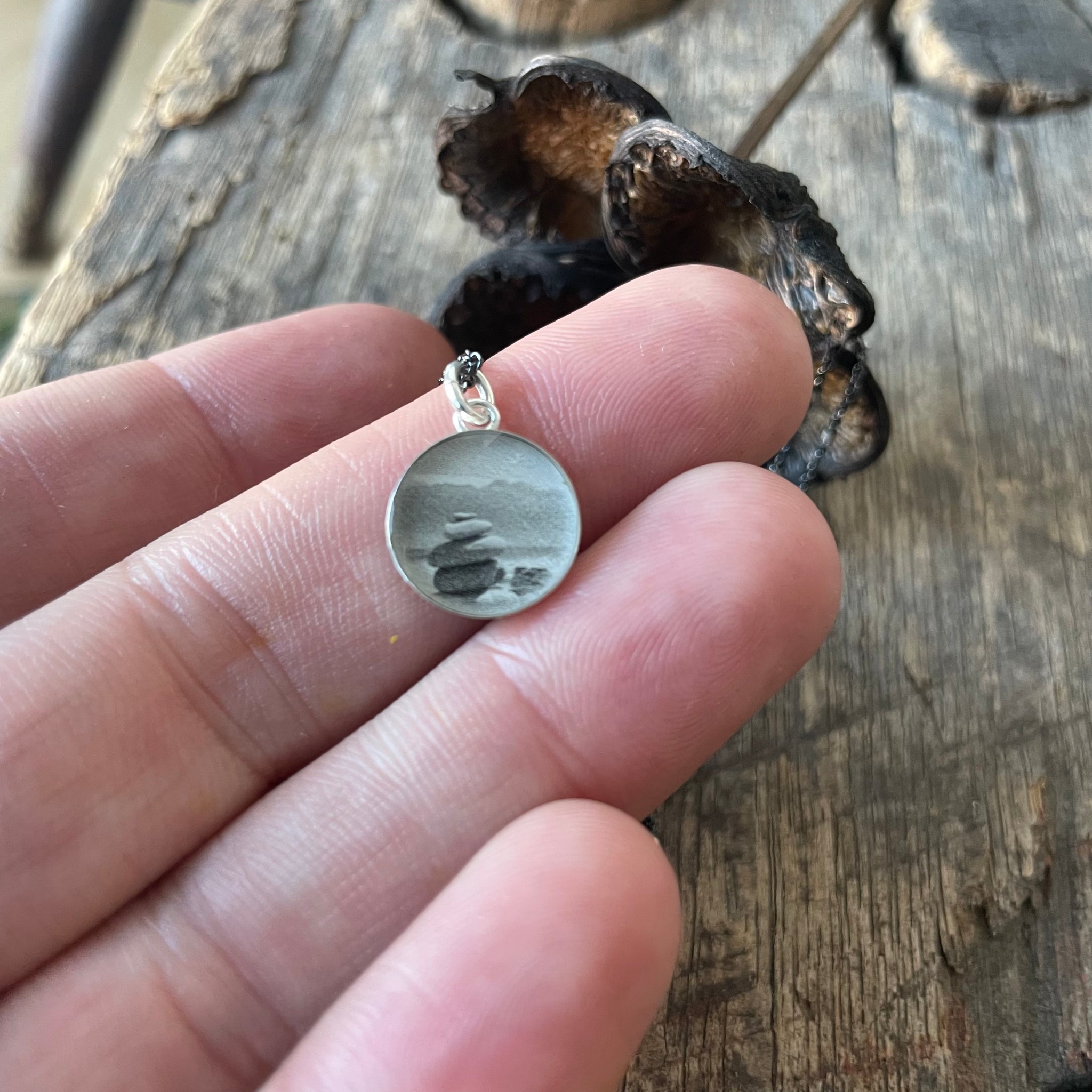 Rock Cairn Photo Bezel Necklace on Oxidized Sterling by Everyday Artifact